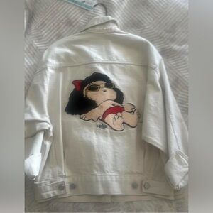 Pull&Bear White Denim Jacket with Cartoon Patch